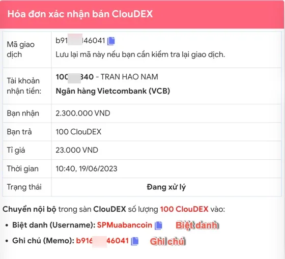 Kiểm tra đơn hàng bán Cloudex