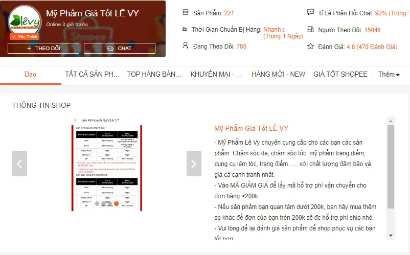 Xem thông tin đánh giá người bán mỹ phẩm trên Shopee